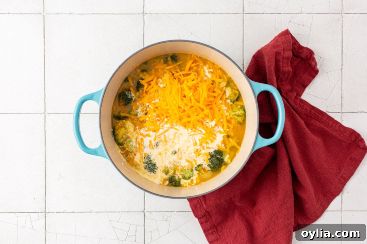 shredded cheddar cheese and half and half added to broccoli cheese soup