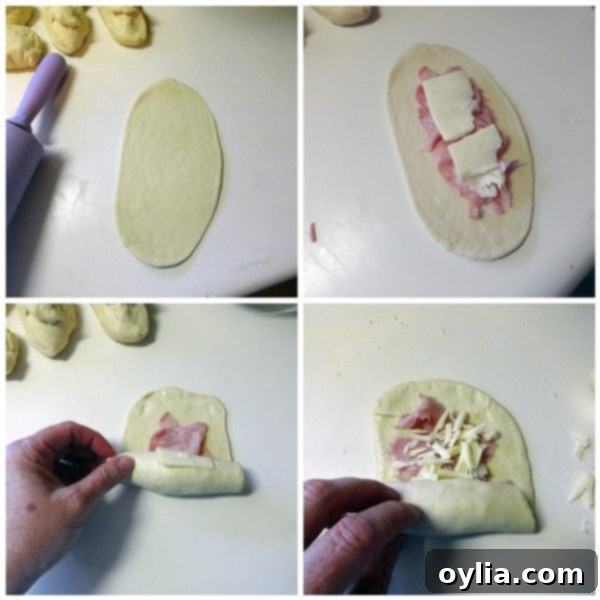 Step-by-step: Rolling out pretzel dough and adding ham and cheese filling