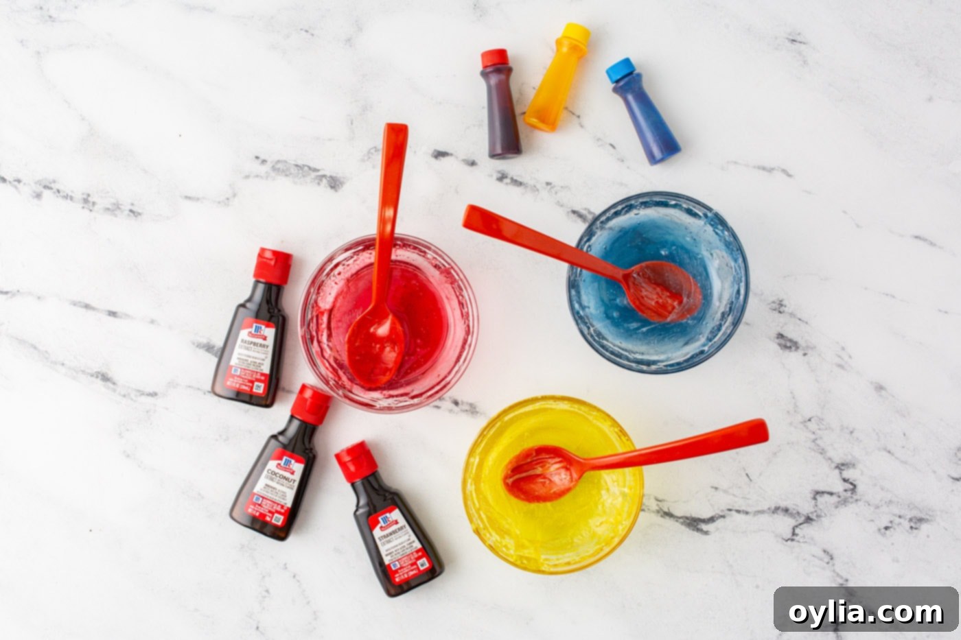 colorful candy with extracts in bowls
