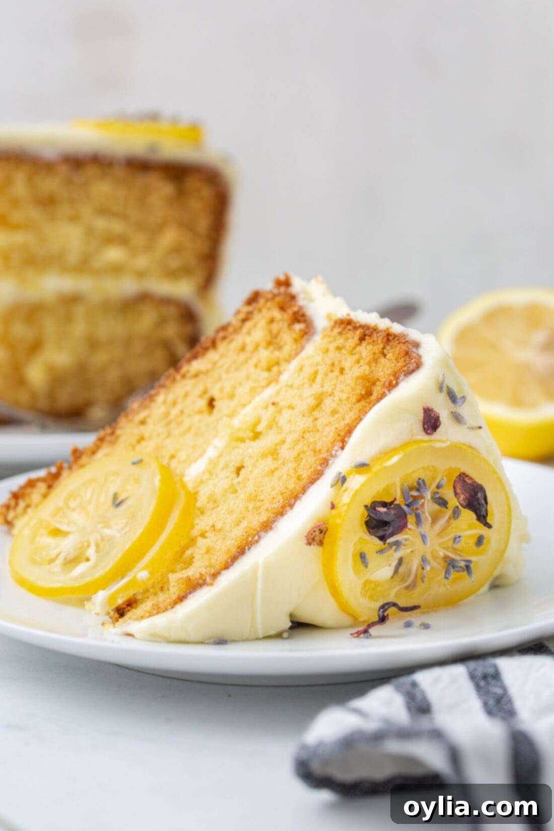 A delicious slice of lemon cake on a white plate, showing the distinct layers and fluffy frosting.
