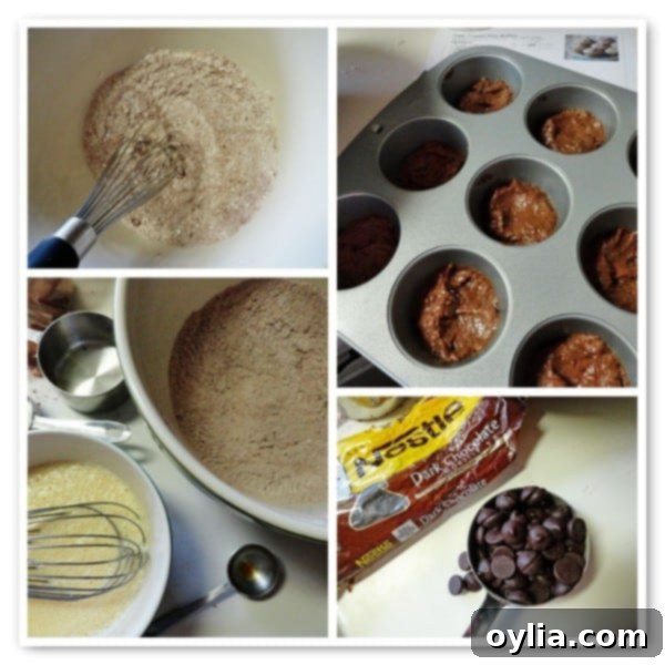 Step-by-step photos demonstrating how to prepare and bake Hot Cocoa Chocolate Chip Muffins.