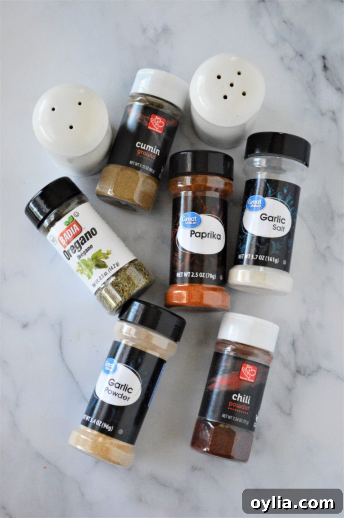 Individual ingredients for Homemade French Fry Seasoning laid out before mixing.