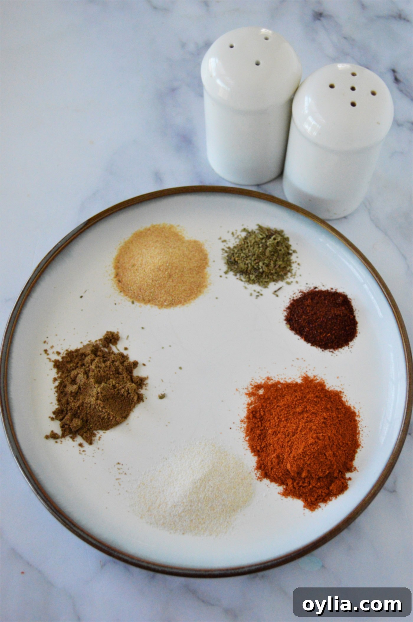 All dried seasonings on a plate, meticulously mixed for the perfect blend.