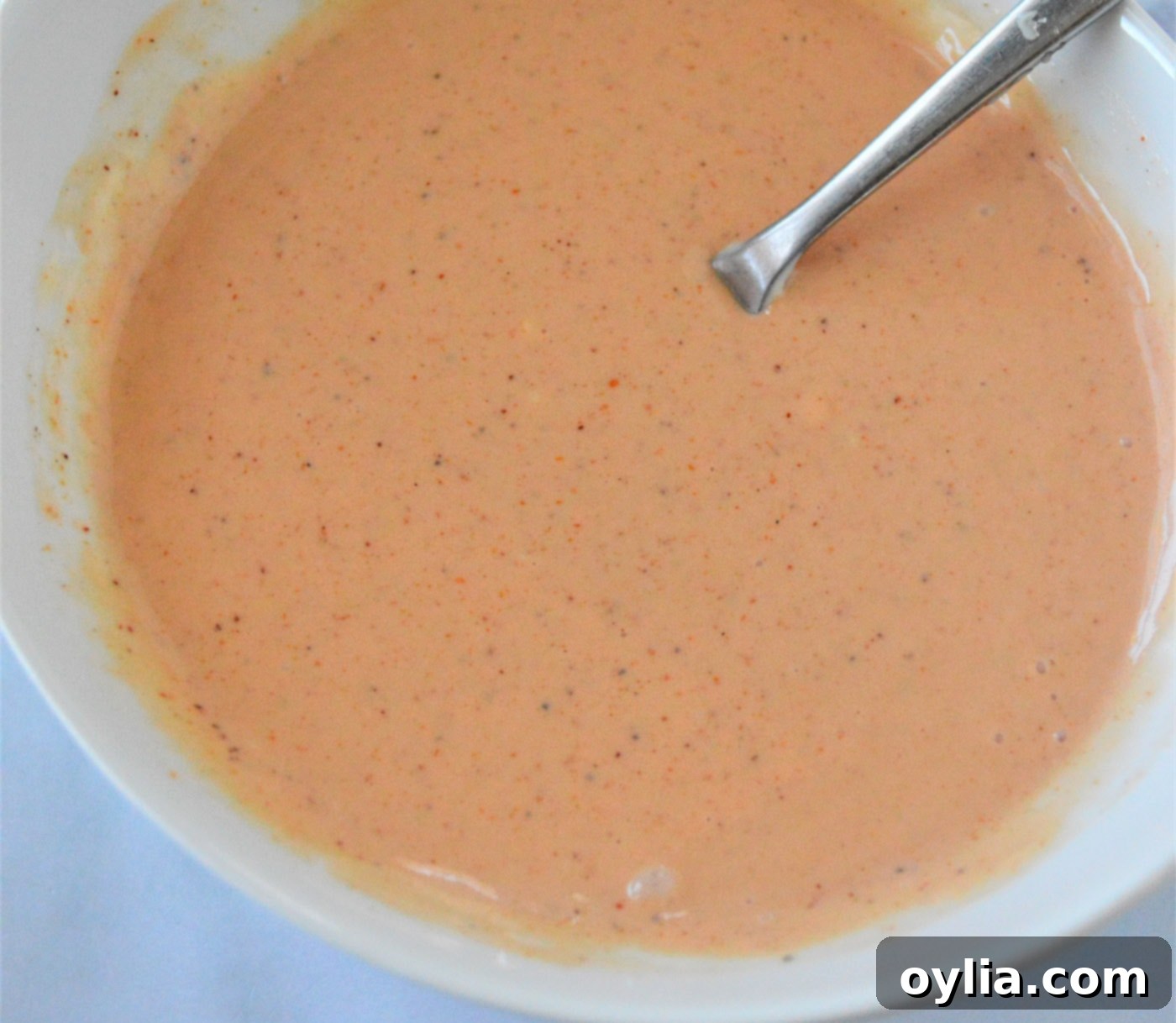 Finished French Fry Sauce in a bowl after all ingredients have been mixed, showing its smooth texture.