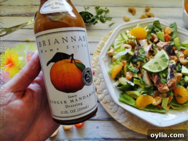 A close-up of the Key West Grilled Chicken Salad, highlighting the fresh ingredients