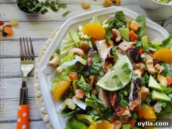A serving of Key West Grilled Chicken Salad, showing its colorful ingredients