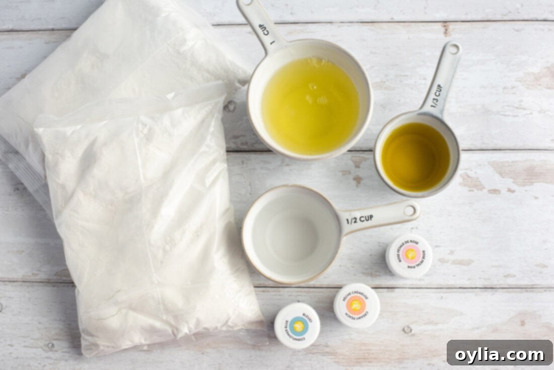 Ingredients for the Unicorn Bundt Cake batter, including cake mix, eggs, and oil.