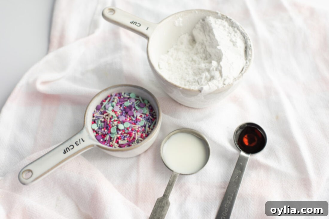 Ingredients for the vanilla glaze, including powdered sugar, milk, and vanilla extract.