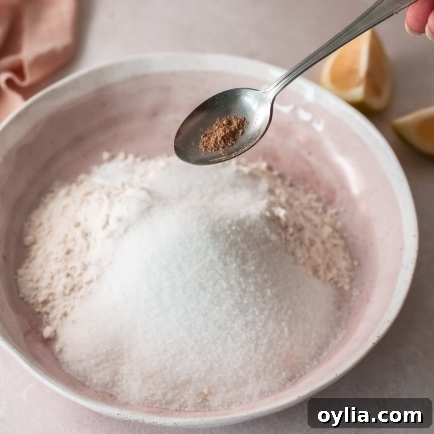 lemon donut ingredients in a bowl, with flour, sugar, baking powder, nutmeg, cinnamon, and lemon zest