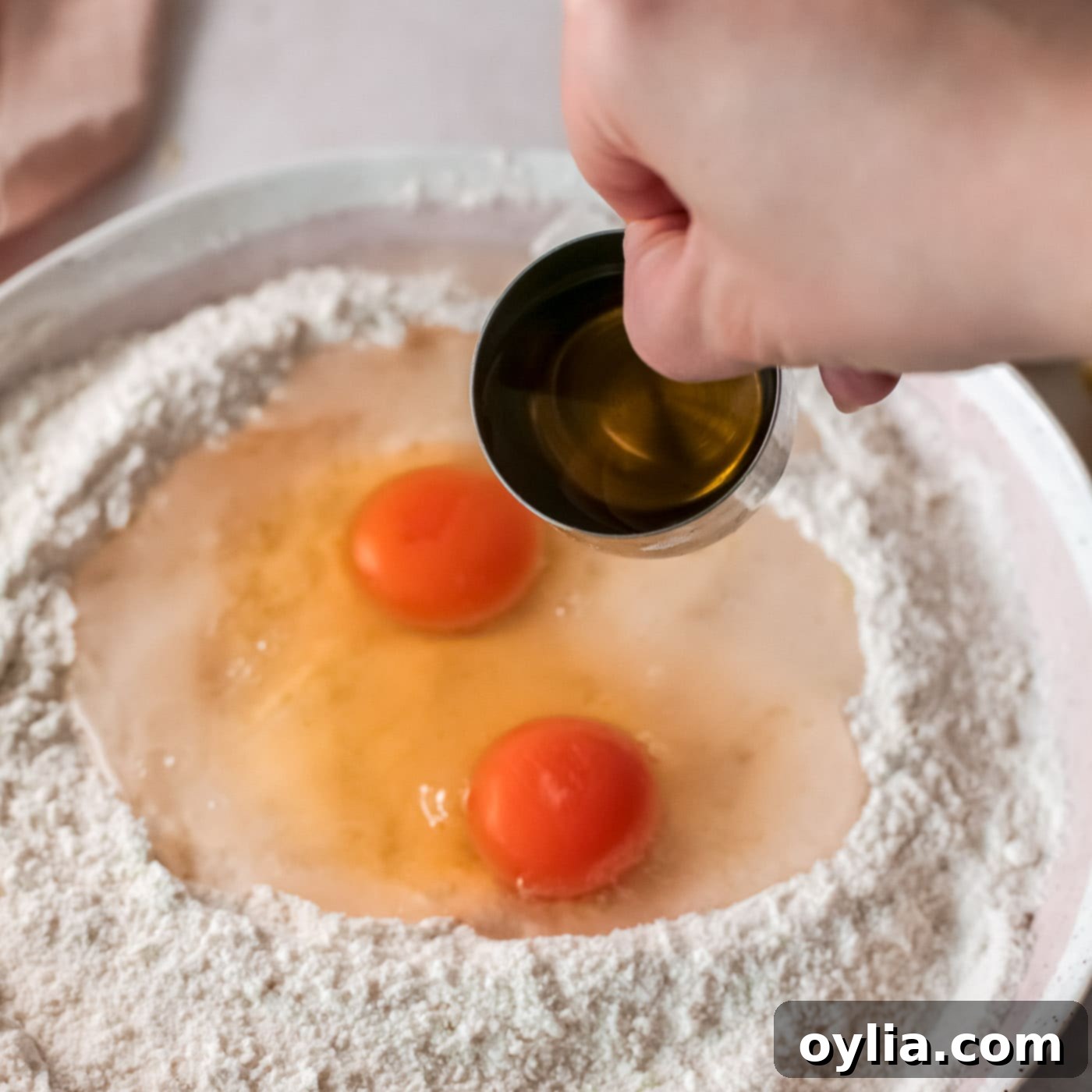 eggs, lemon juice, oil, and milk added to a well in the flour mixture