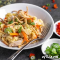 Close-up of a serving of Chicken Chow Mein Casserole with its crispy noodle topping.
