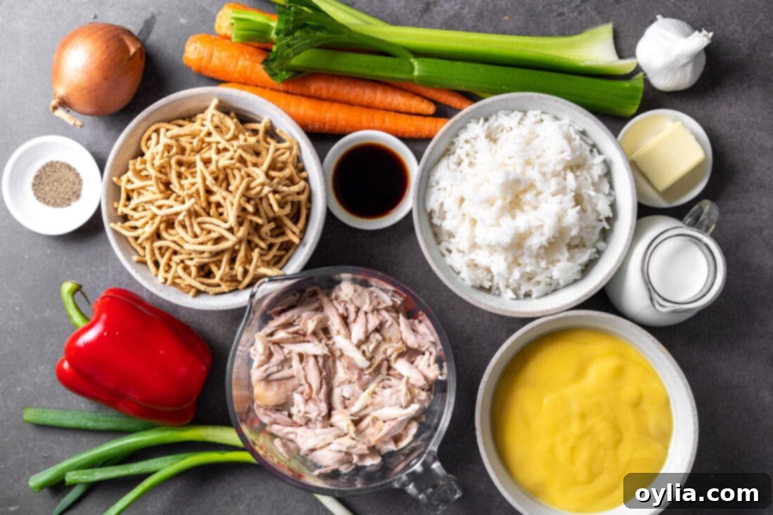 All the fresh and pantry staple ingredients laid out for making Chicken Chow Mein Casserole.