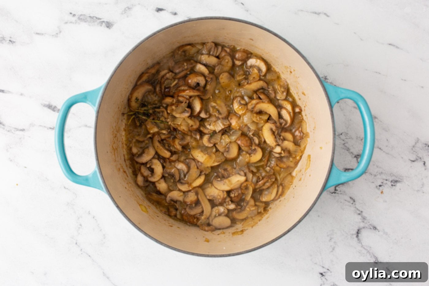 Velvety Mushroom Delight 7 cream of mushroom soup ingredients in a dutch oven