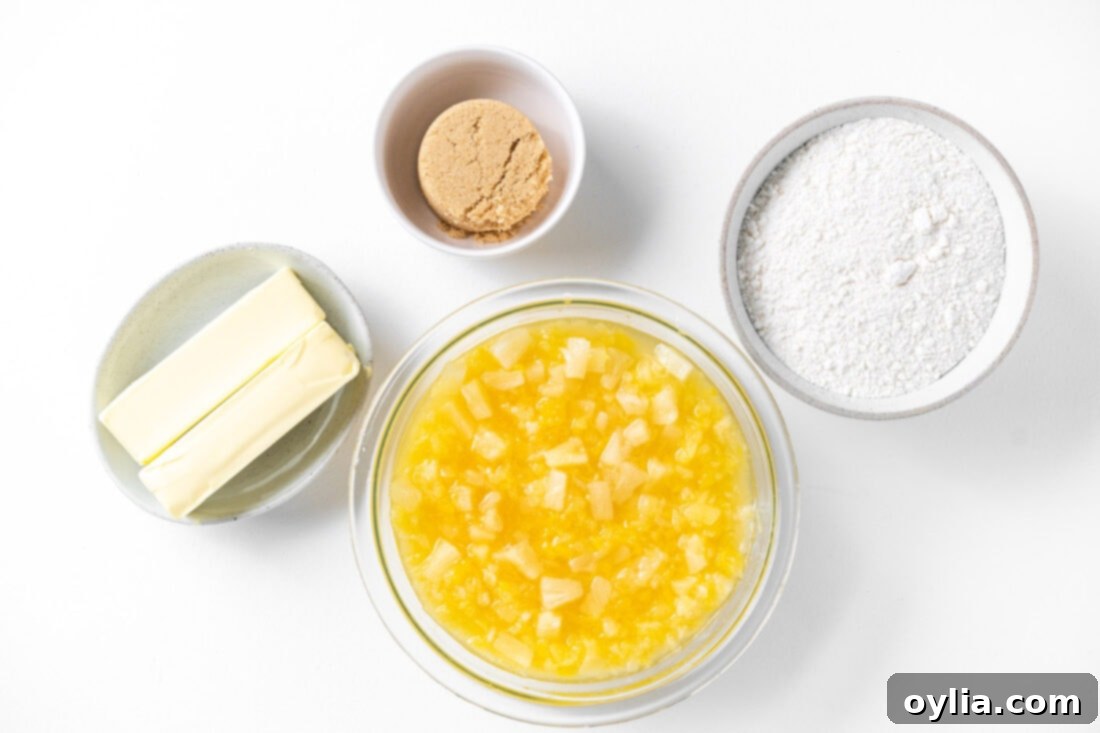 Golden Pineapple Delight 4 Four ingredients for Pineapple Dump Cake: crushed pineapple, brown sugar, yellow cake mix, and melted butter