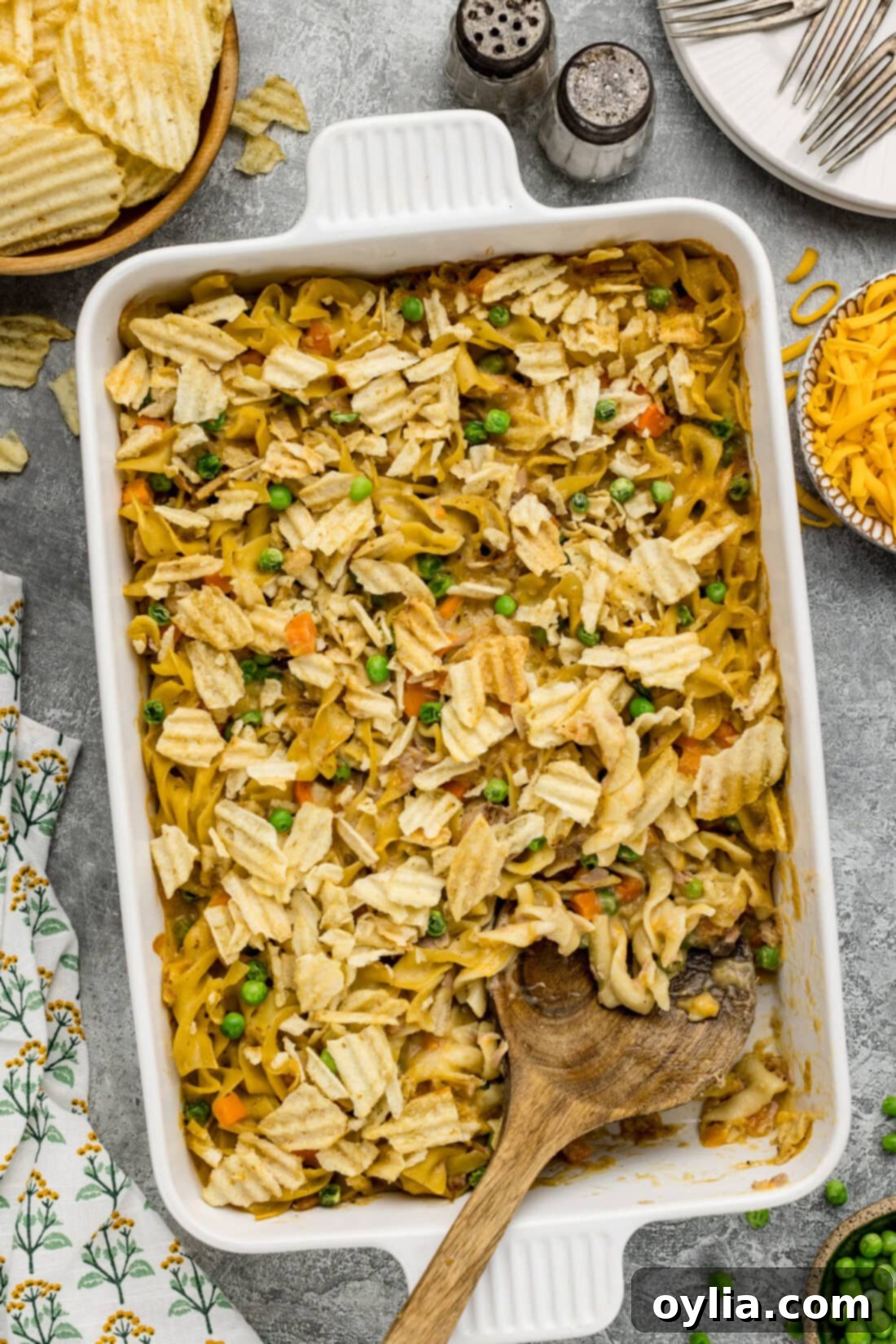 Casserole dish of Tuna Casserole, freshly baked with a golden-brown, crispy topping