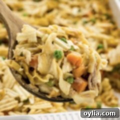 Close up photo of a spoonful of Tuna Casserole, featuring creamy noodles and crunchy topping