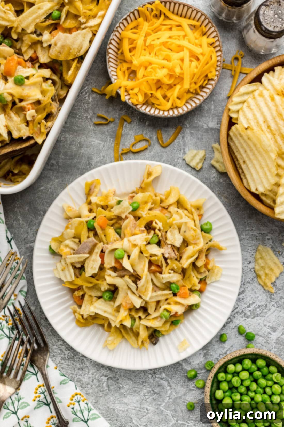Plate of Tuna Casserole, showing the creamy interior and crispy topping