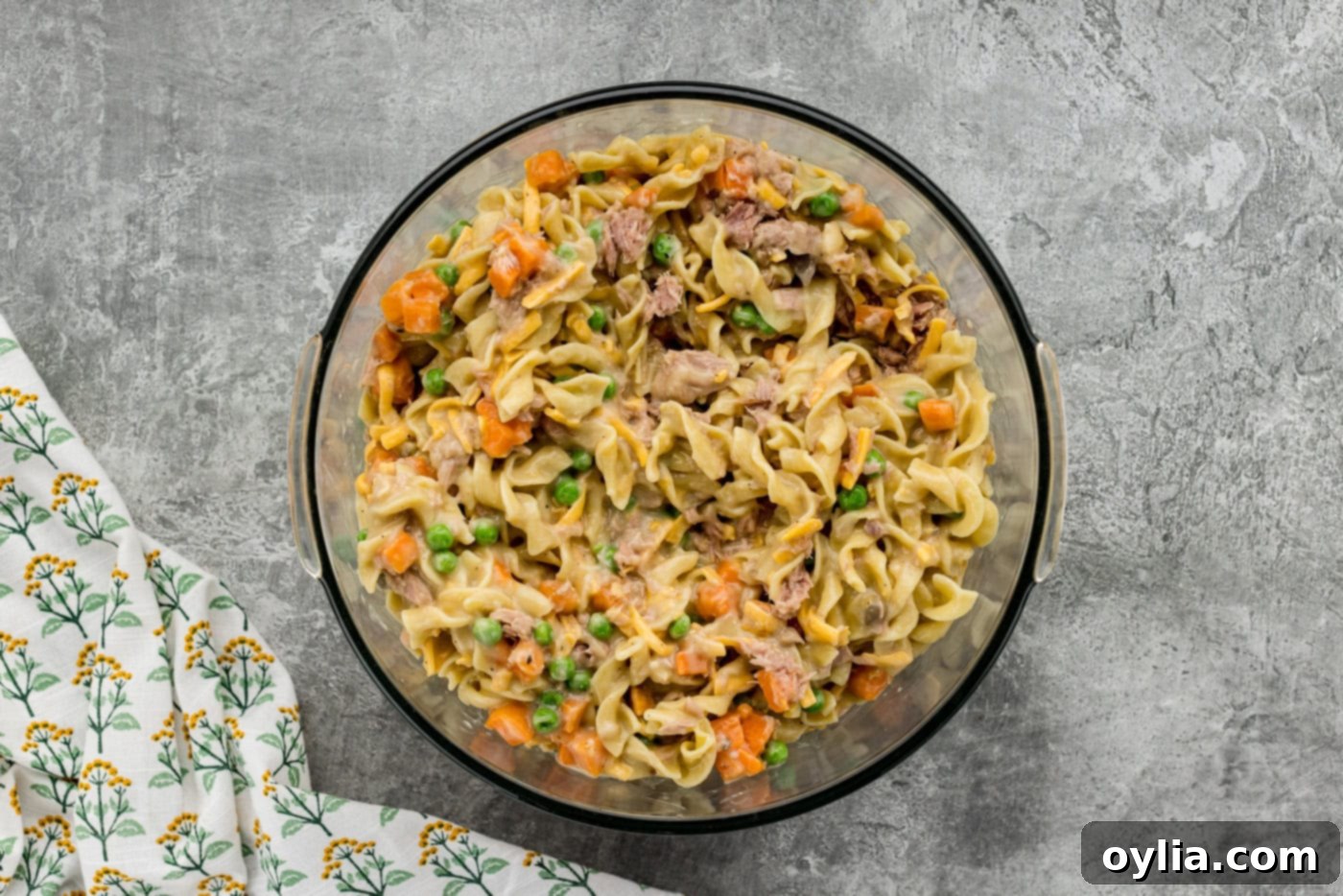 tuna casserole mixture thoroughly mixed in a large bowl, ready for baking