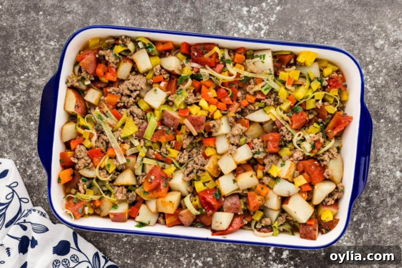 sausage and potato casserole in a dish