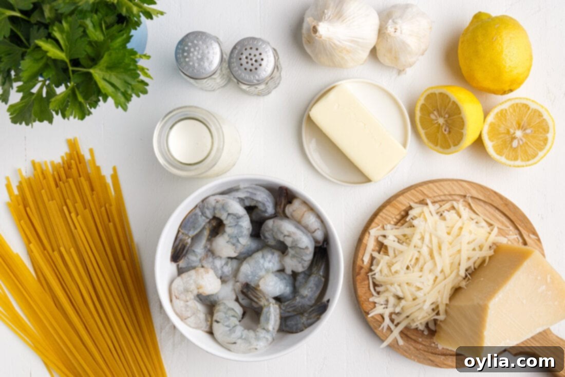 Zesty Garlic Shrimp Pasta 4 Shrimp Pasta ingredients laid out on a kitchen counter, including shrimp, pasta, lemon, garlic, butter, and cream.