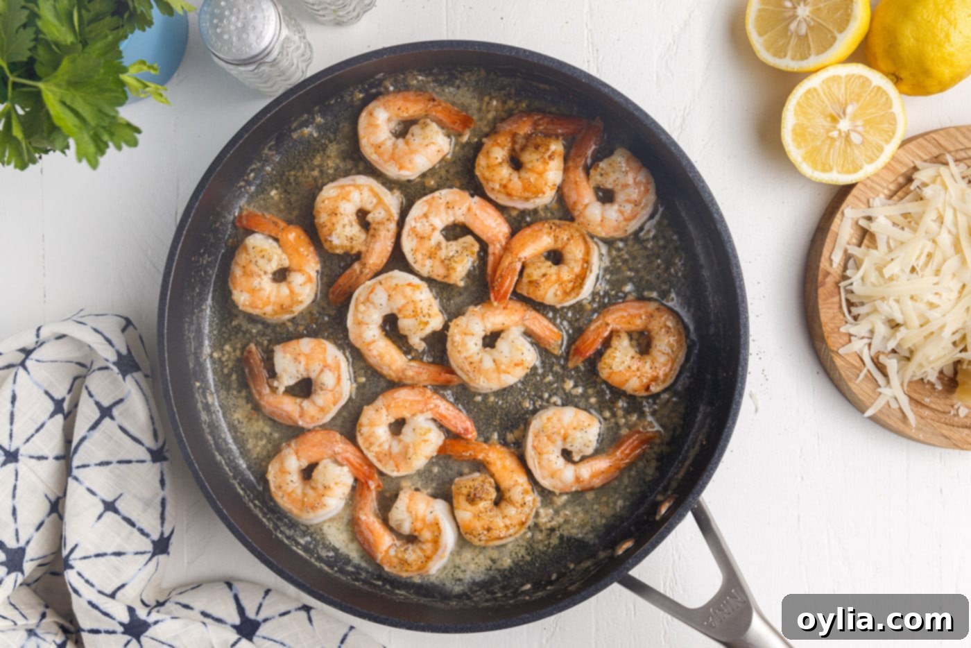 cooked jumbo shrimp in a skillet