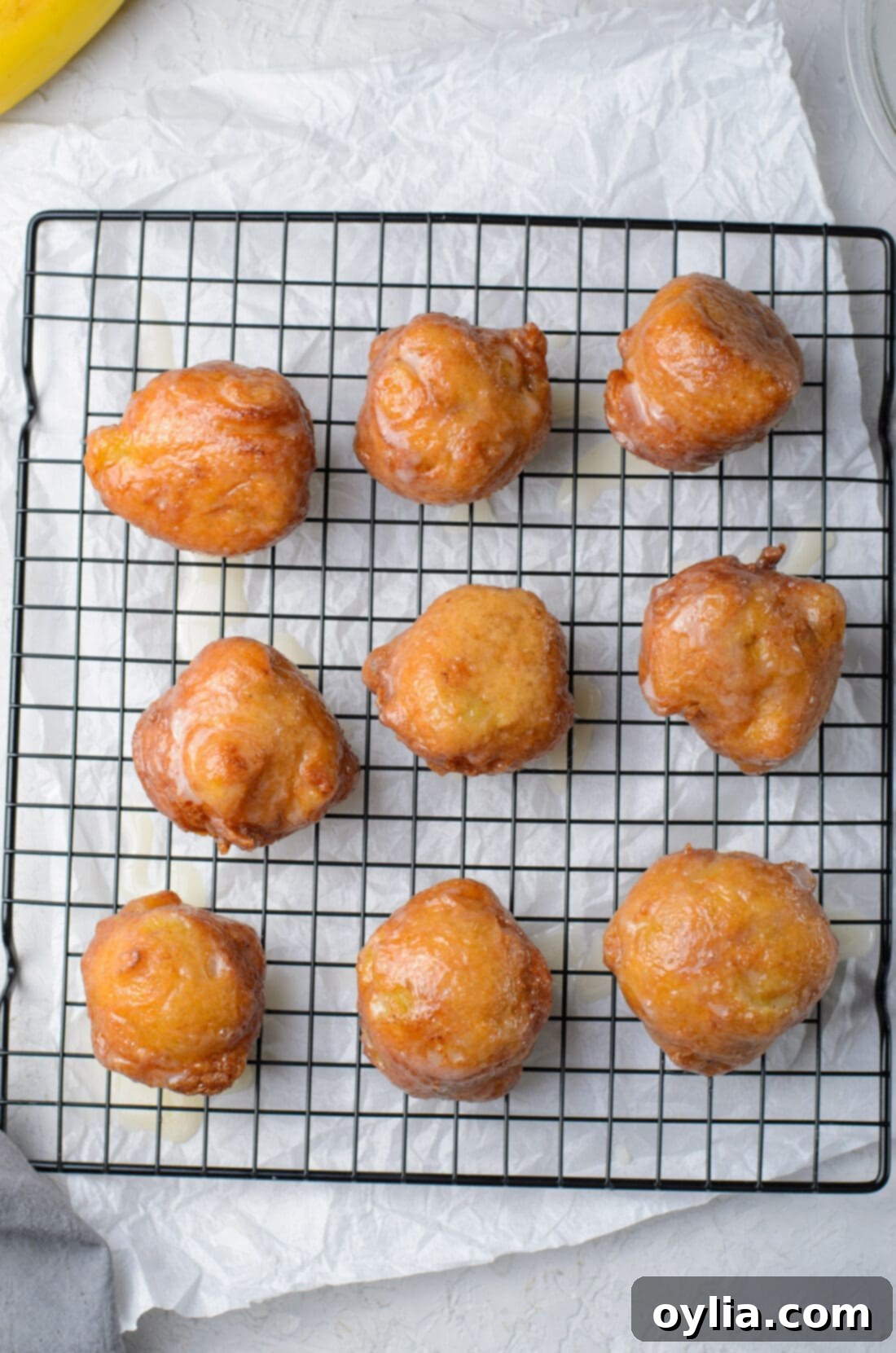 Banana Fritters on a wire rack
