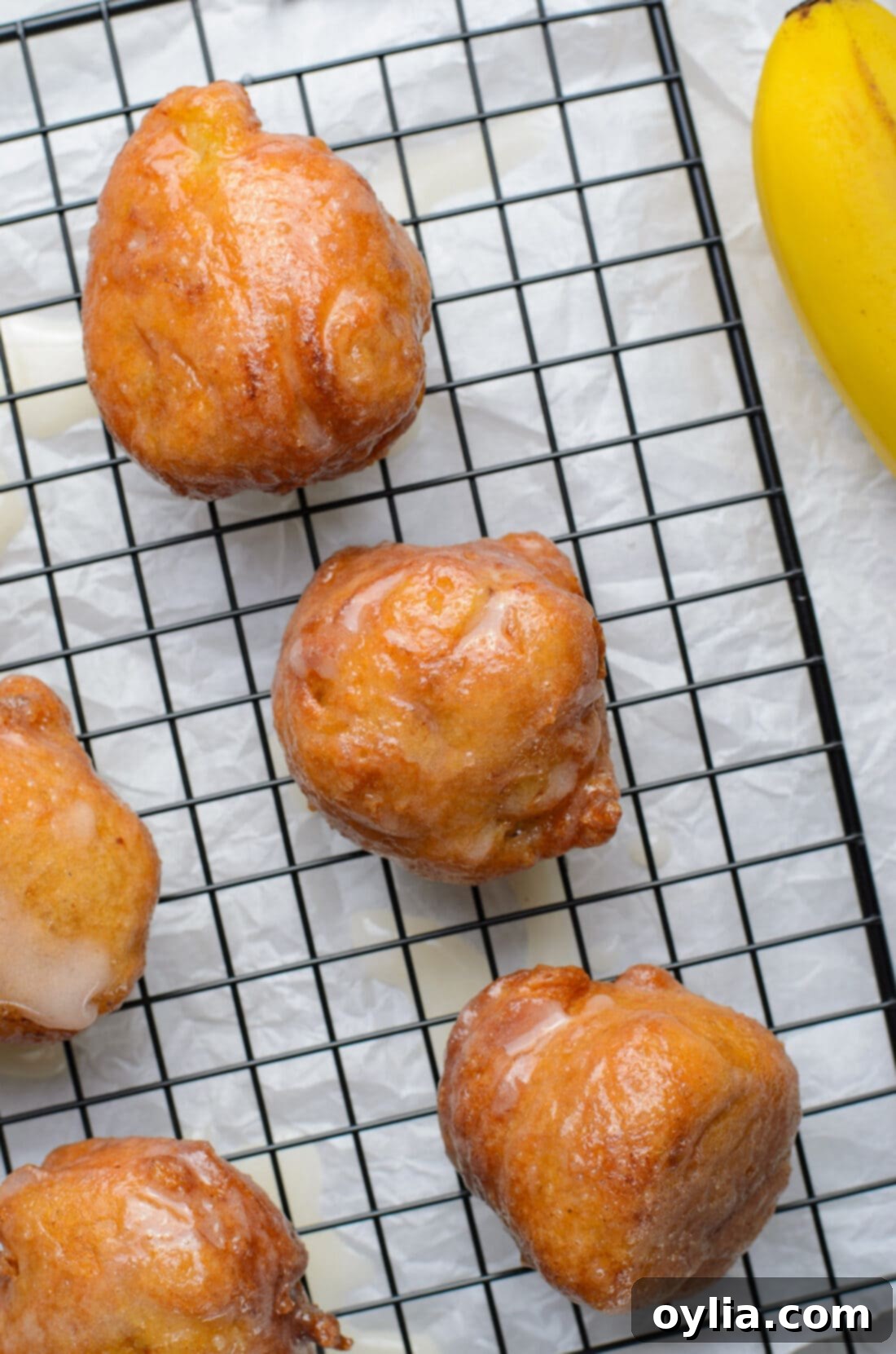 Banana Fritters on a rack, glazed