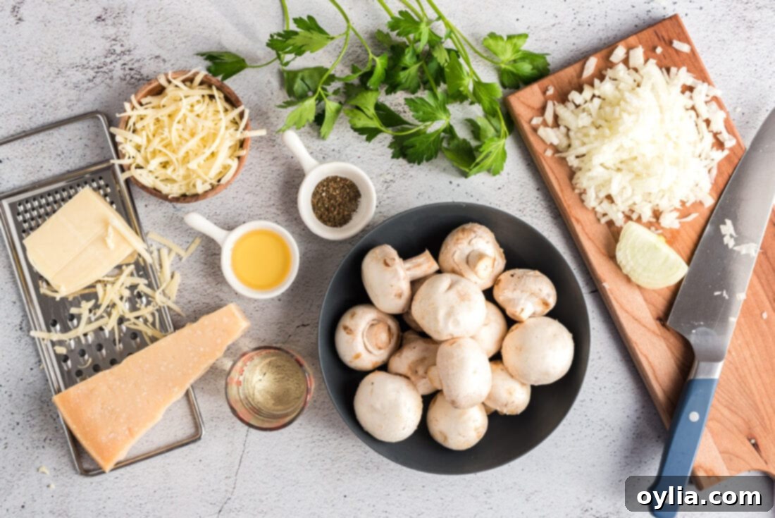 Arrangement of fresh mushrooms, shredded mozzarella, grated Parmesan, finely chopped onion, parsley, basil, and a bottle of Vermouth on a wooden board, showcasing the ingredients for stuffed mushrooms.