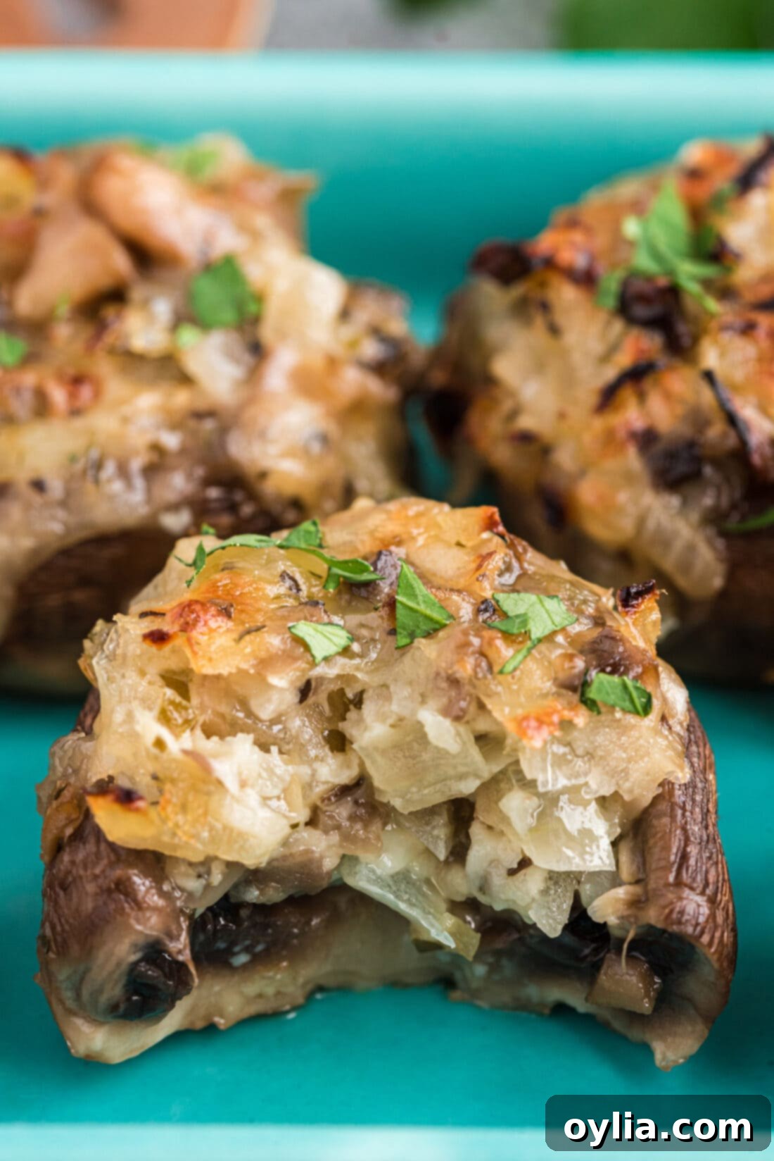 A close-up of a single cheesy stuffed mushroom with a bite taken out, revealing the creamy, flavorful filling.