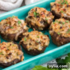 A delicious plate of stuffed mushrooms, glistening with melted cheese and herbs, ready for serving.