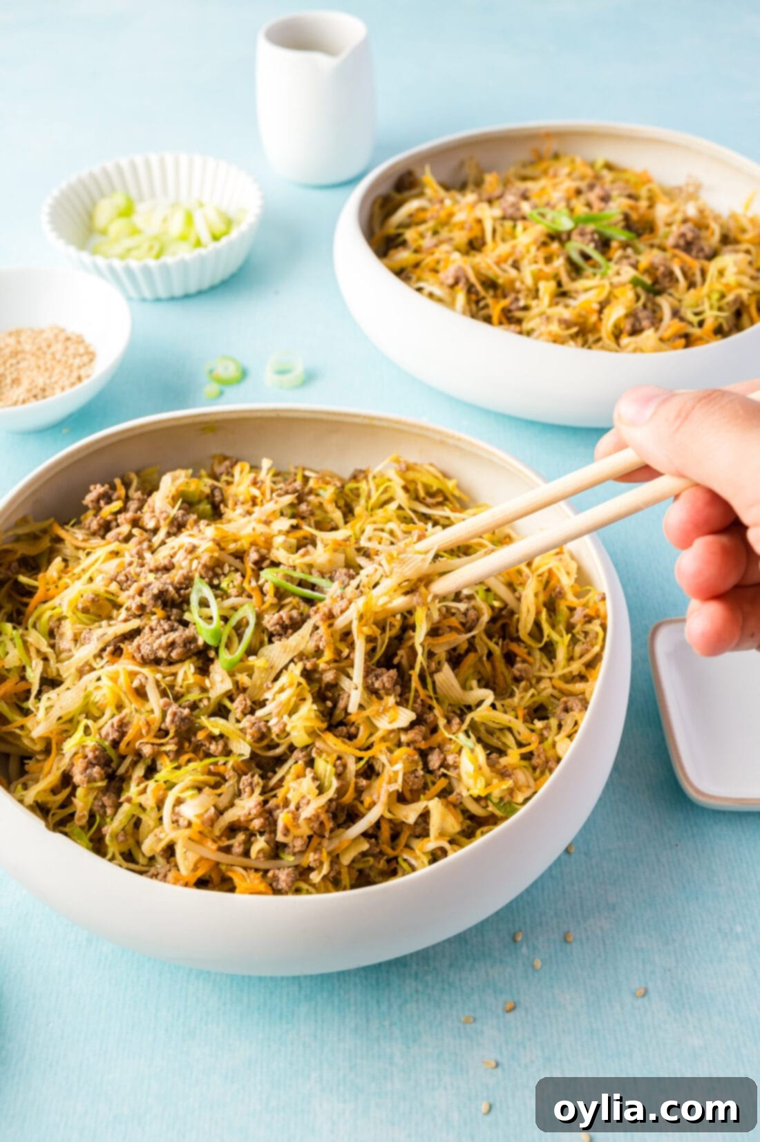 Inside Out Egg Roll 9 Egg Roll in a Bowl with chopsticks ready to eat