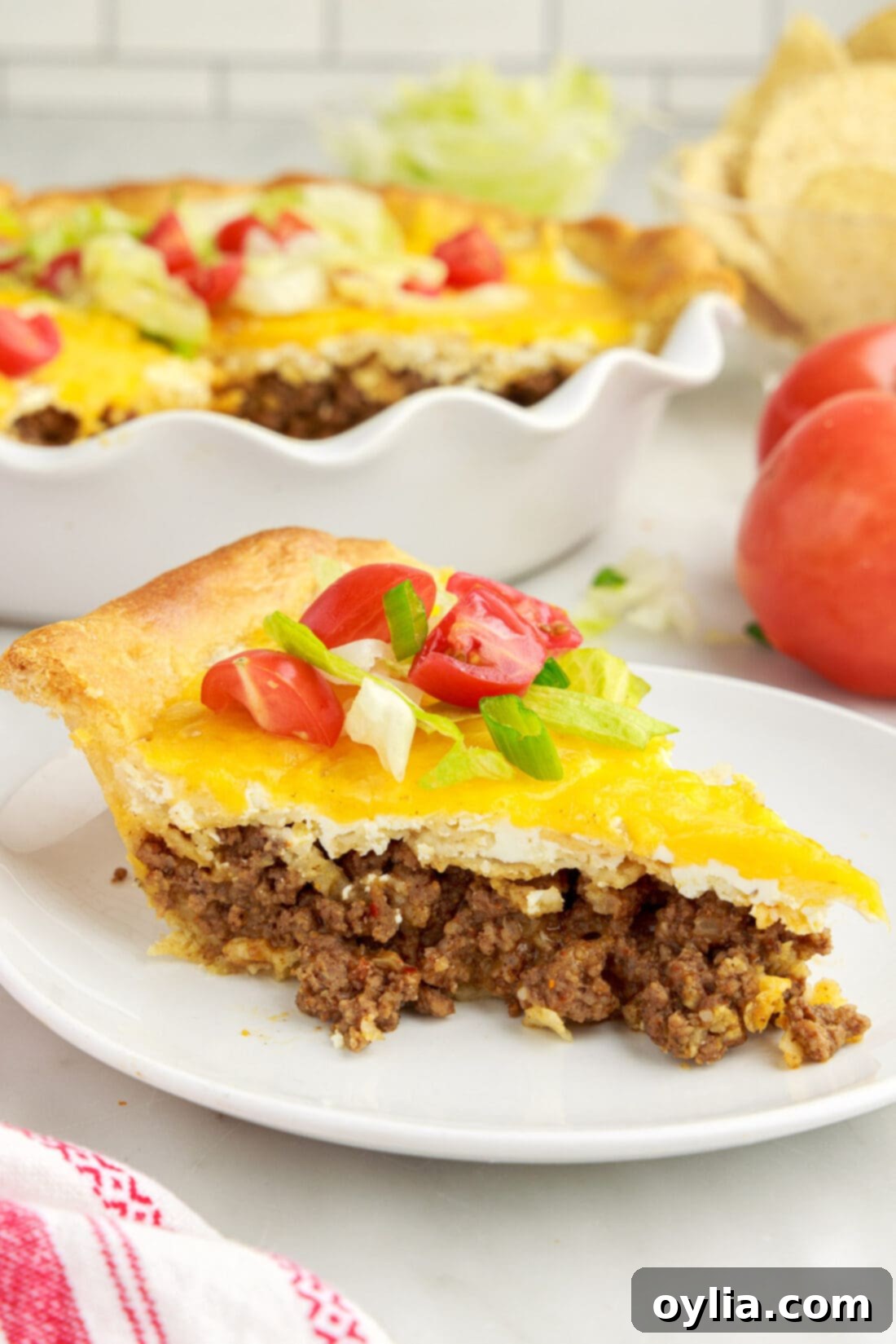 Tex-Mex Comfort Pie 3 a perfect slice of golden brown Taco Pie, showing all the layered ingredients