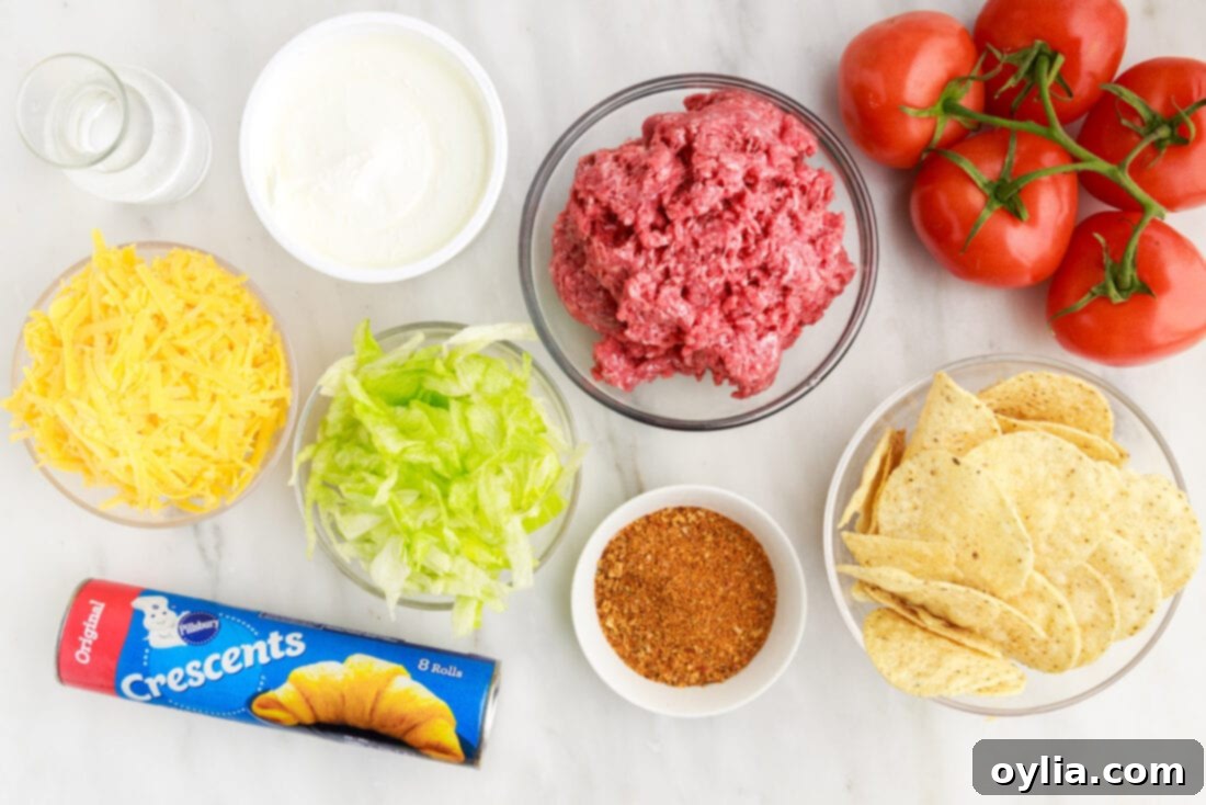 Tex-Mex Comfort Pie 4 A flat lay photo of all the ingredients needed to make Taco Pie