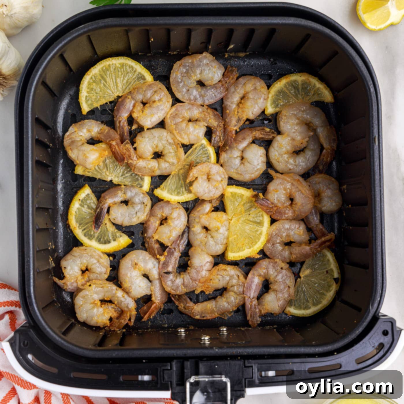 Raw seasoned shrimp and lemon slices arranged in a single layer in an air fryer basket, ready to cook.