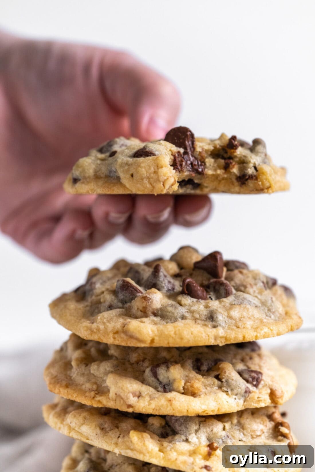 holding a Doubletree Chocolate Chip Cookie, showing its crisp exterior and chewy interior filled with chocolate chips, rolled oats, and walnuts