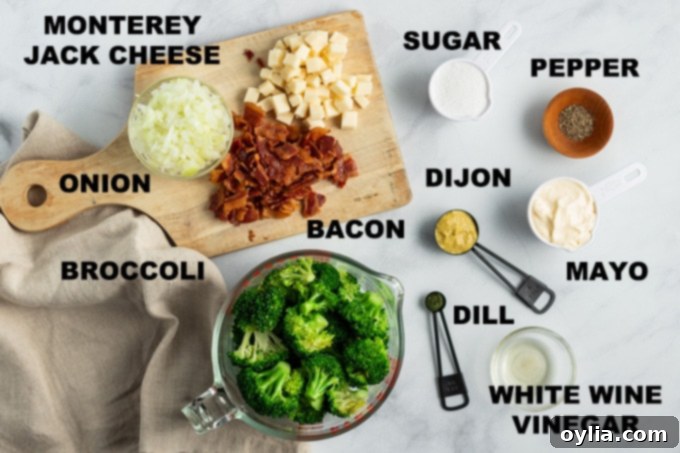 labeled ingredients for a homemade broccoli salad