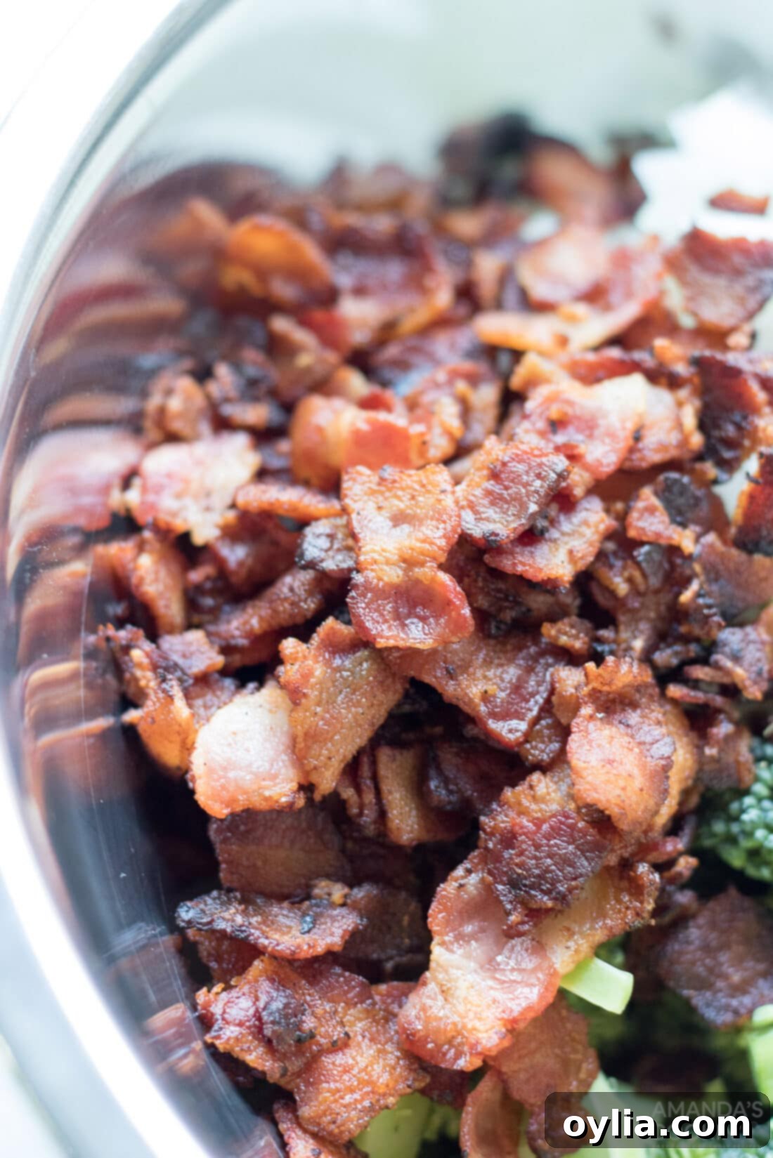 cooked and diced bacon ready to be added to broccoli salad