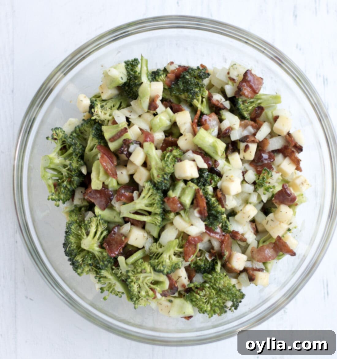 finished classic broccoli salad in a large serving bowl, chilled and ready