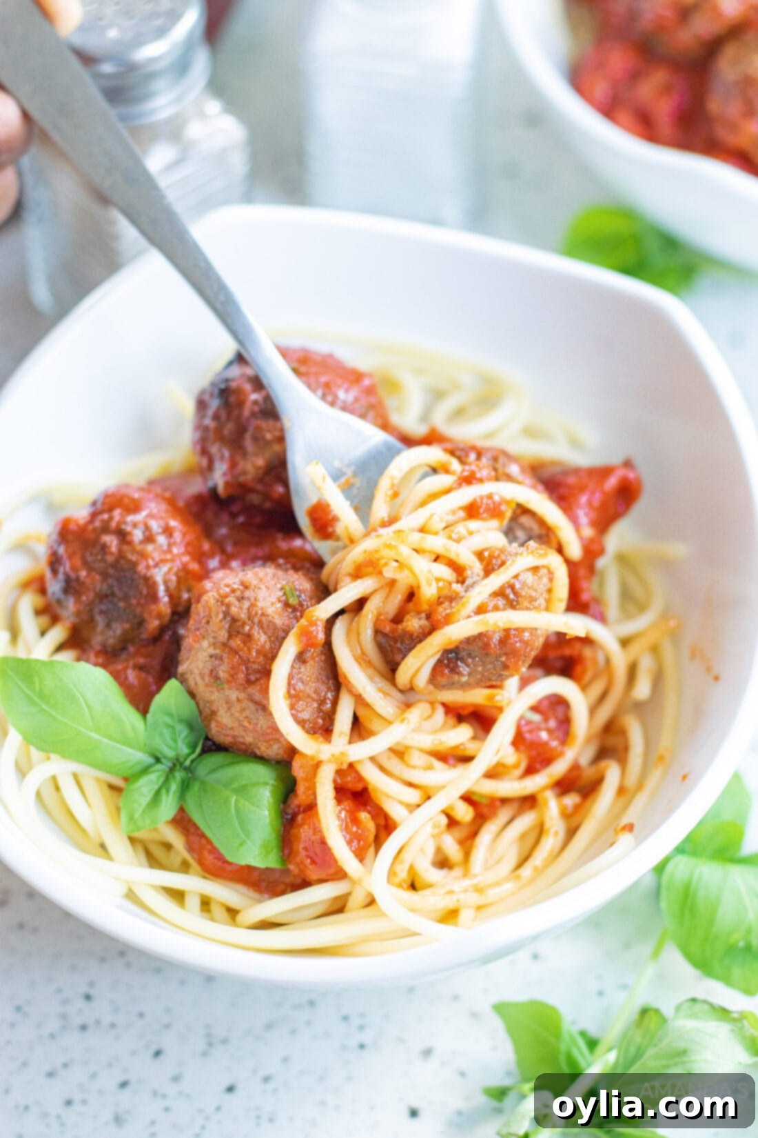 Classic Spaghetti and Meatballs 11 fork in a bowl of Spaghetti & Meatballs in Marinara