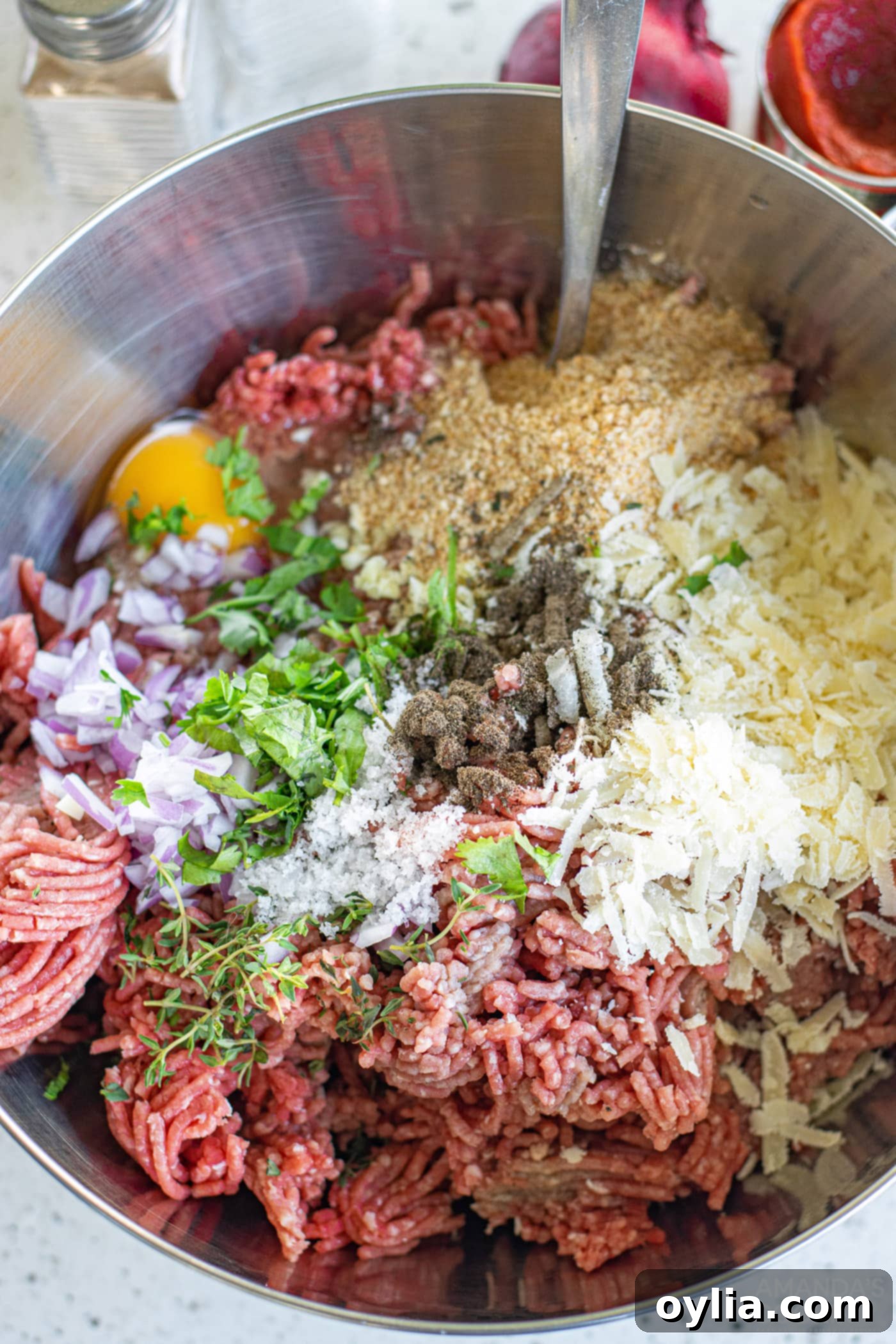Classic Spaghetti and Meatballs 6 Meatball ingredients in a mixing bowl
