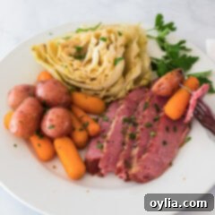 Instant Pot Corned Beef and Cabbage on a plate, showcasing the dish