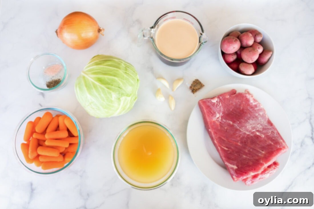 Ingredients for Instant Pot Corned Beef laid out on a cutting board, including brisket, vegetables, and beer