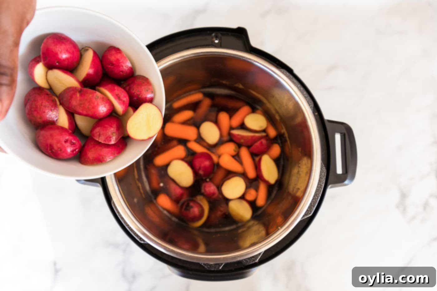 Baby potatoes and carrots placed into the Instant Pot, ready for cooking