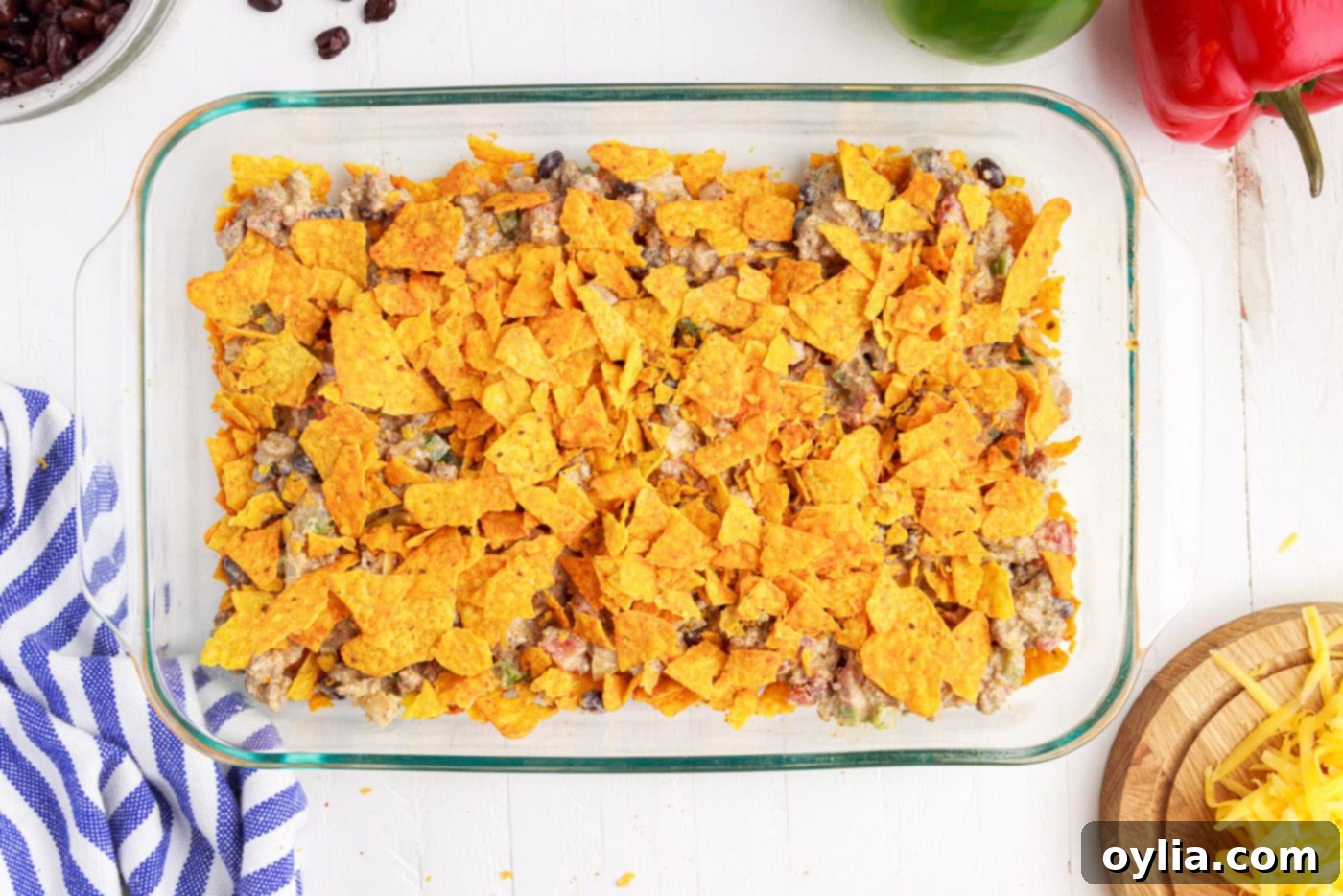 crushed dorito chips on top of ground beef