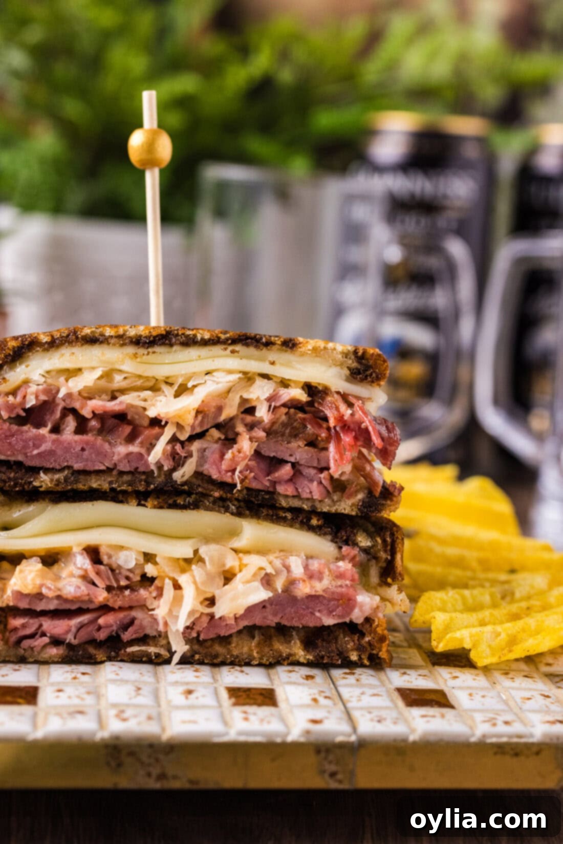 Close up photo of half of a Reuben Sandwich