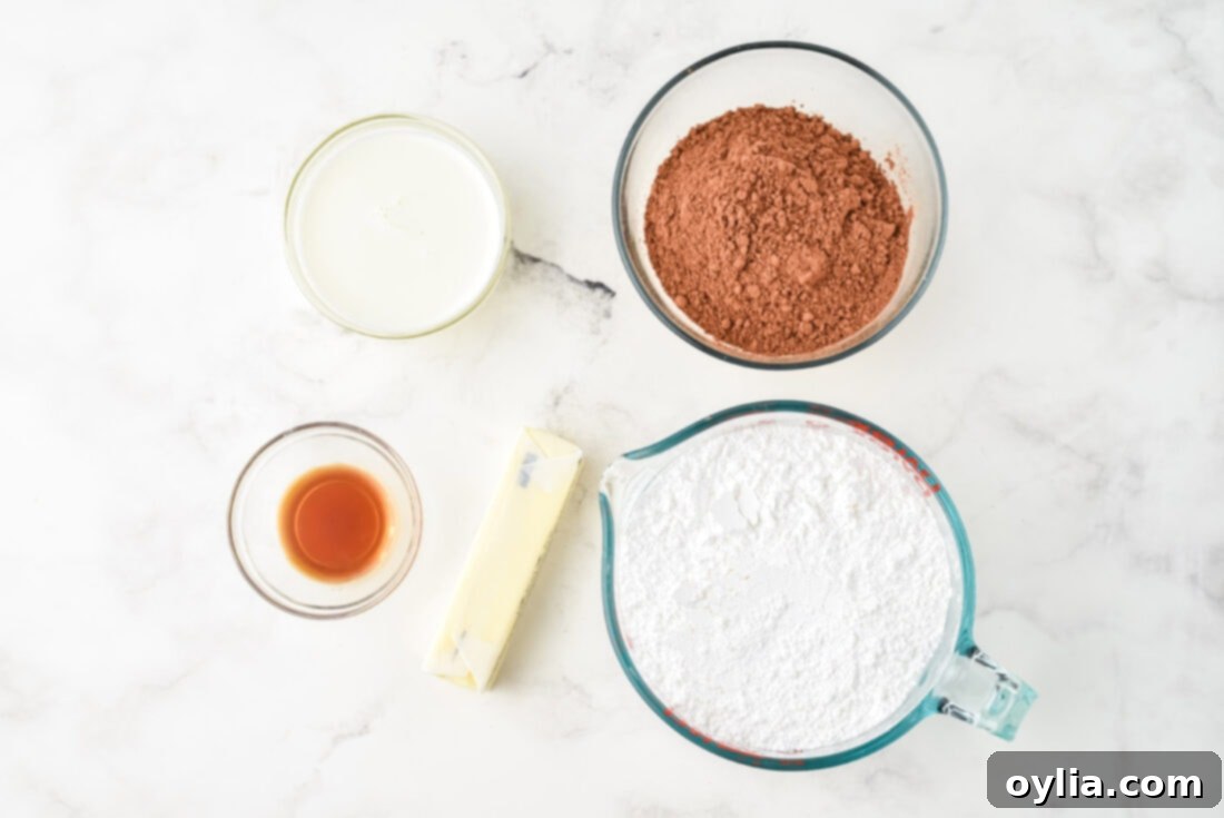 Decadent Chocolate Fudge Frosting 4 The five key ingredients for Chocolate Fudge Frosting laid out: butter, cocoa powder, powdered sugar, heavy cream, and vanilla extract.