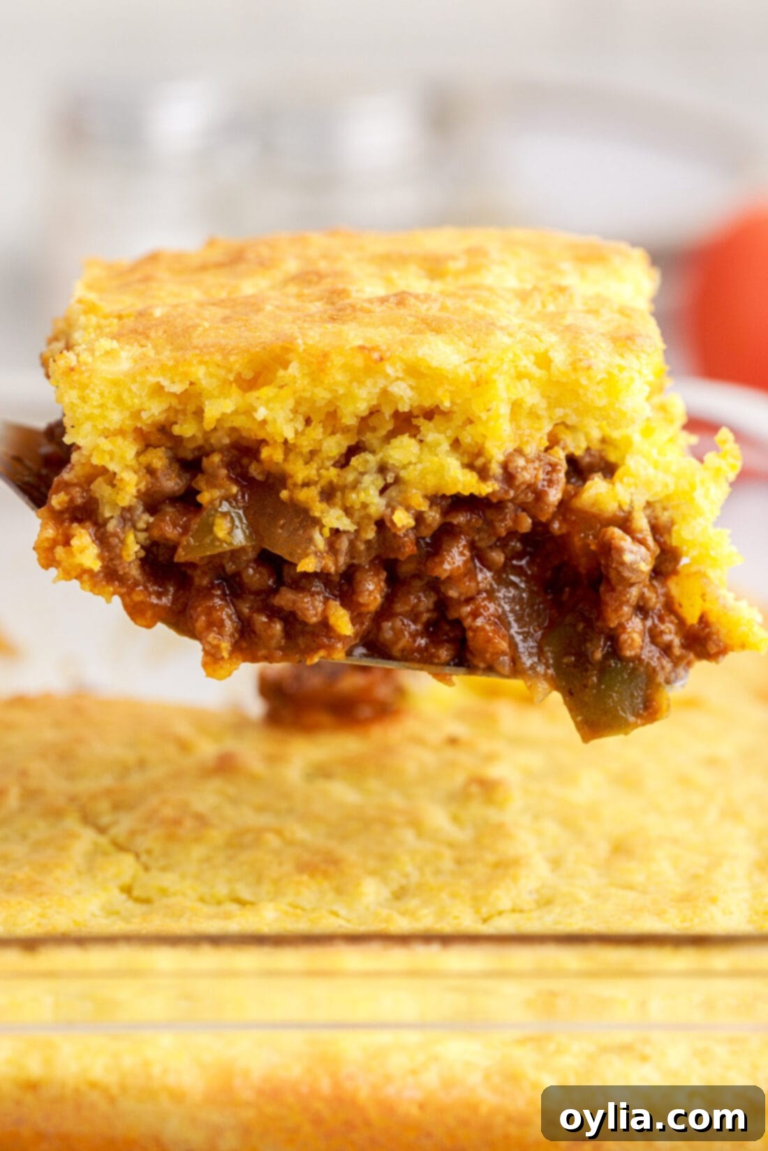 lifting spatula of Sloppy Joe Cornbread Casserole