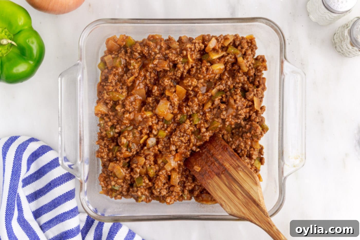sloppy joe meat in a casserole dish