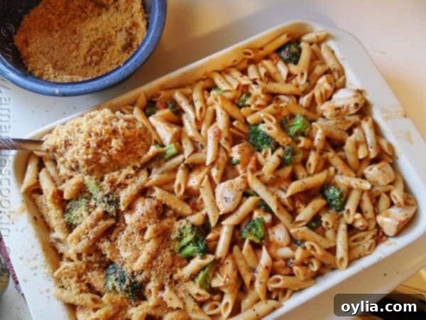 Baked Penne with Chicken, Broccoli & Smoked Gouda, ready to serve
