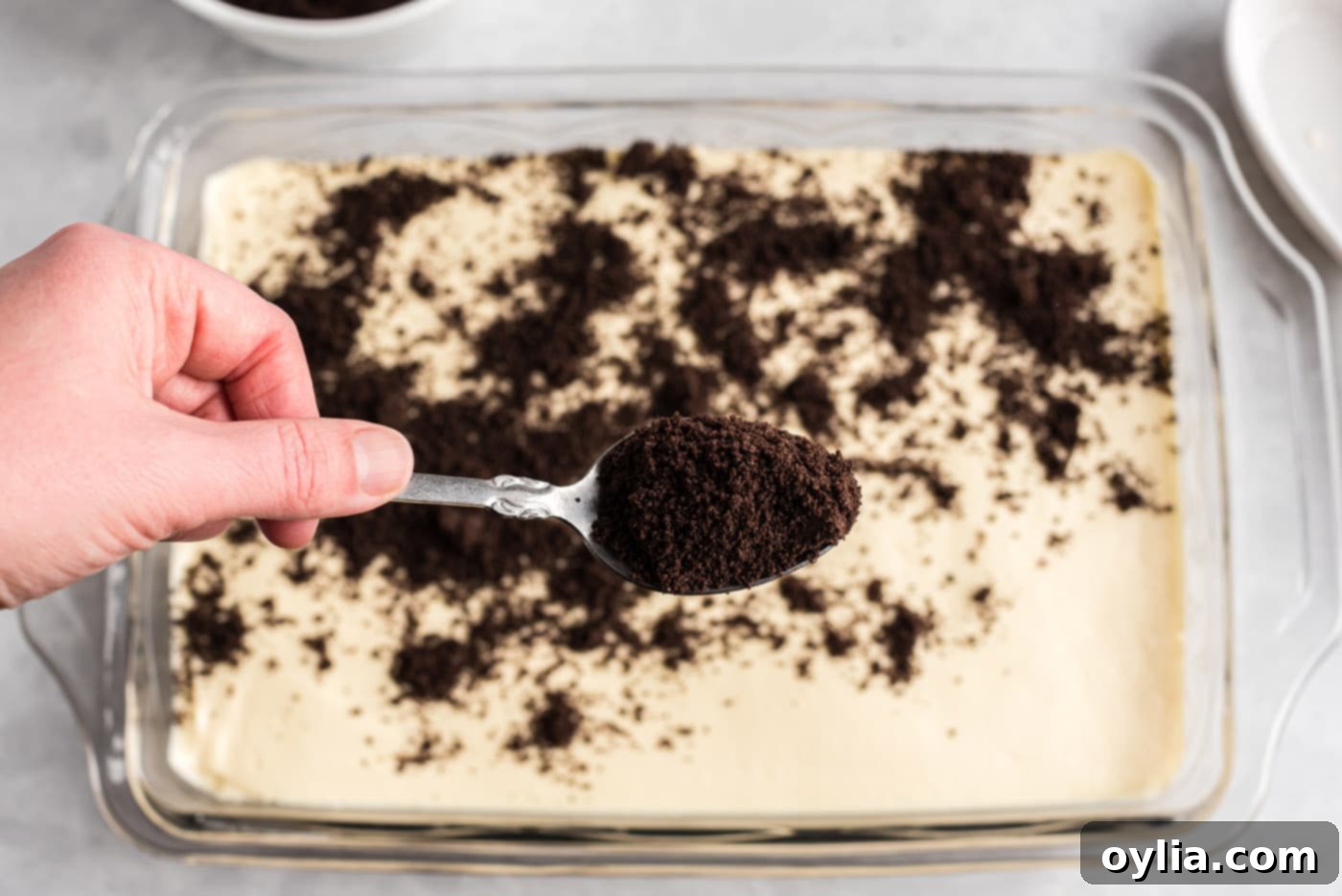 sprinkling oreo crumbs over dirt cake